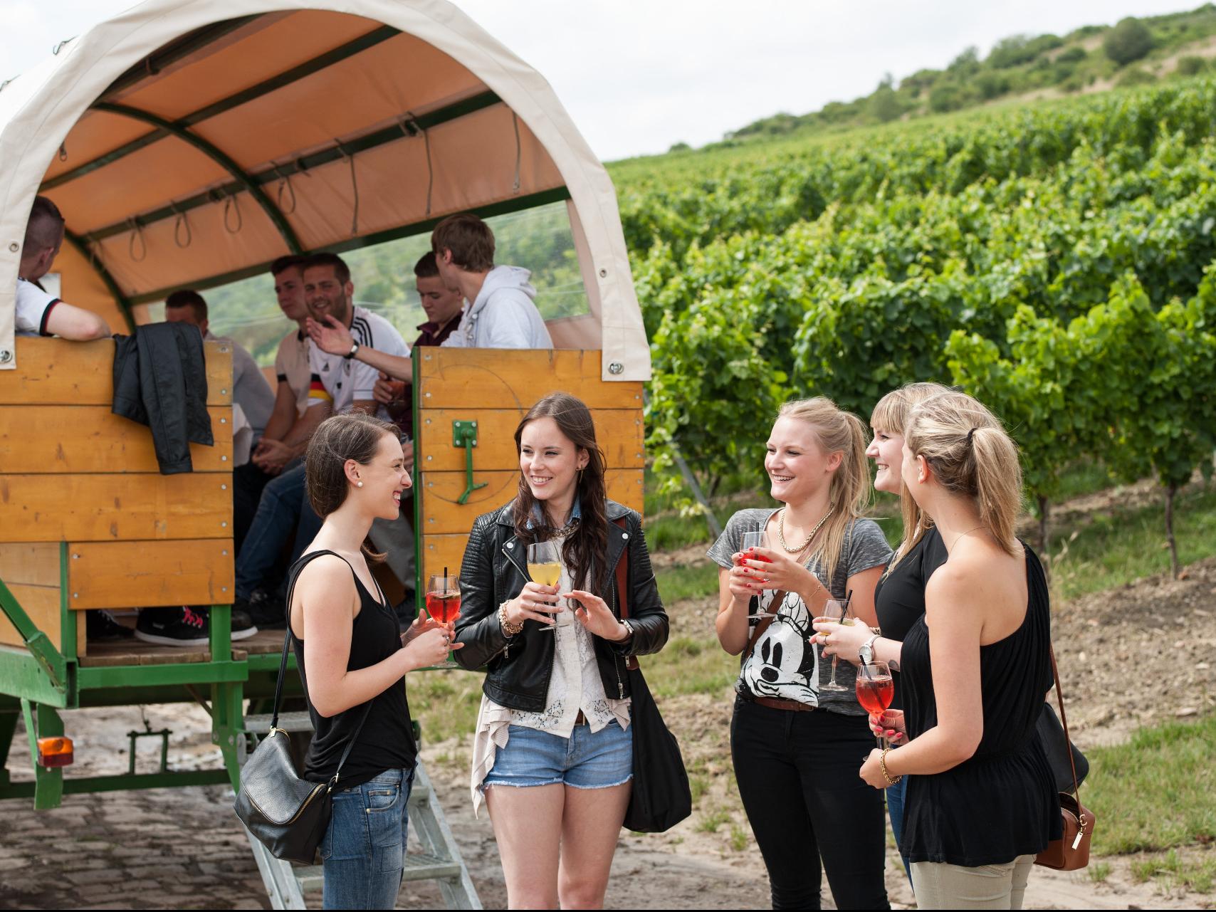 Gruppe von Frauen mit Gläsern vor einem Planwagen - Foto von RHH-Touristik/D. Ketz