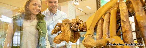Ein Paar schaut im Museum das Skelett eines Tieres an - Foto von Stadt Alzey Dominik Ketz